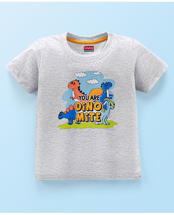 Babyhug Cotton Half Sleeves T-Shirt with Dino Print - White
