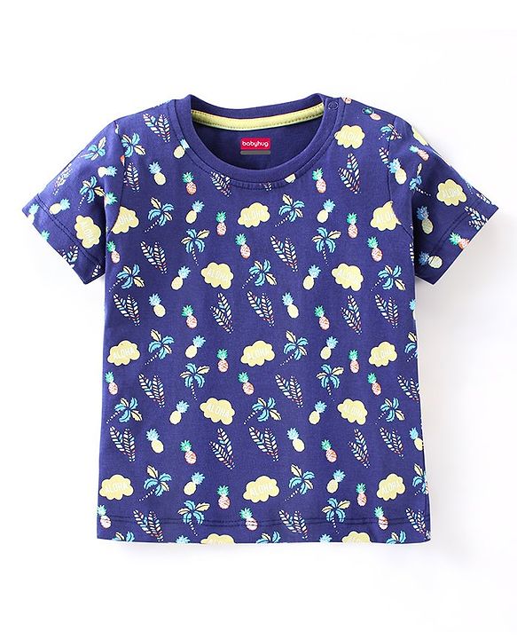 Babyhug Half Sleeves Cotton Jersey Floral Printed T-shirt - Blue
