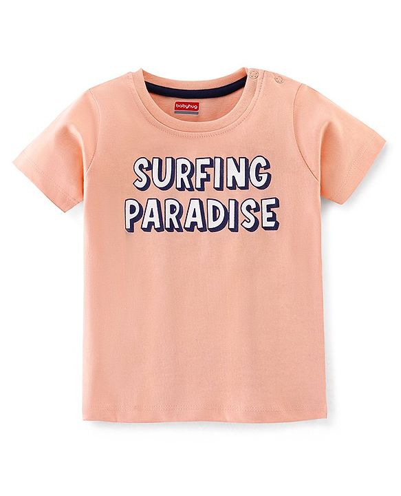 Babyhug Cotton Half Sleeves T-Shirt with Surfing Print - Peach