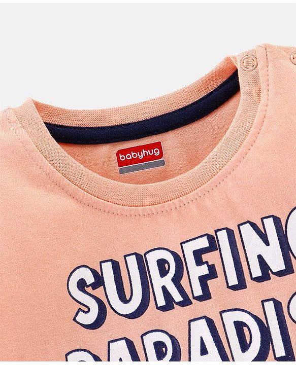 Babyhug Cotton Half Sleeves T-Shirt with Surfing Print - Peach