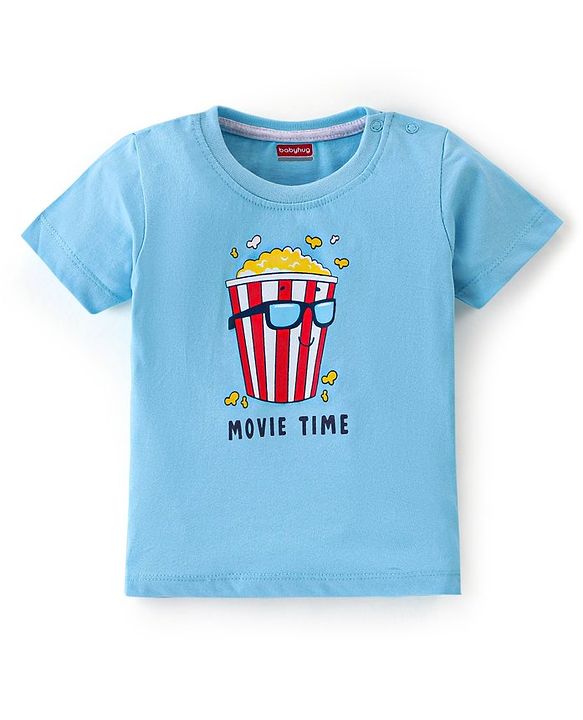 Babyhug Cotton Knit Half Sleeves Popcorn Print T-Shirt - Blue