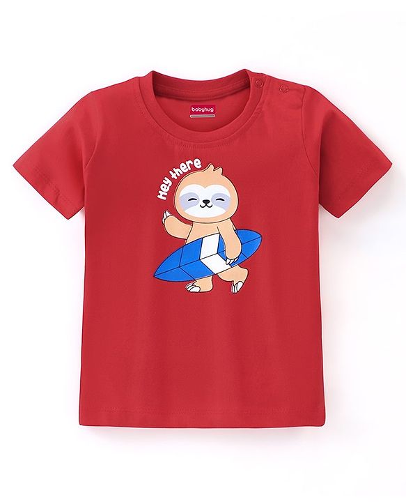 Babyhug Cotton Half Sleeves T-Shirt Sloth Print - Red
