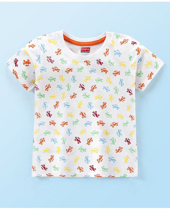 Babyhug Cotton Knit Half Sleeves T-Shirt with Monster Cars Print - White