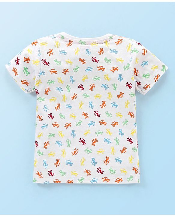 Babyhug Cotton Knit Half Sleeves T-Shirt with Monster Cars Print - White
