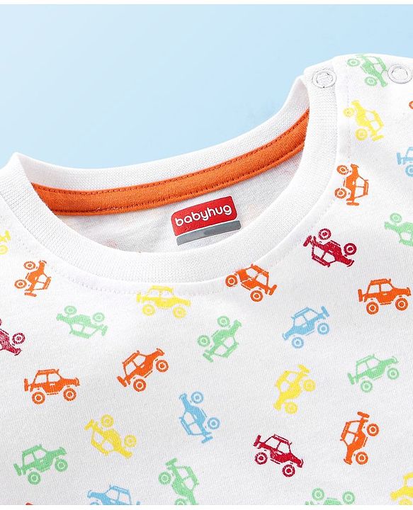 Babyhug Cotton Knit Half Sleeves T-Shirt with Monster Cars Print - White