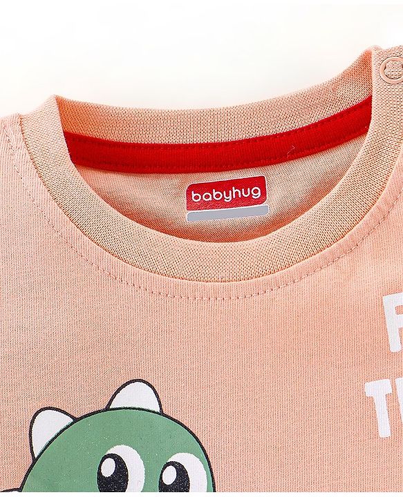 Babyhug Cotton Half Sleeves T-Shirt with Dino Print - Peach