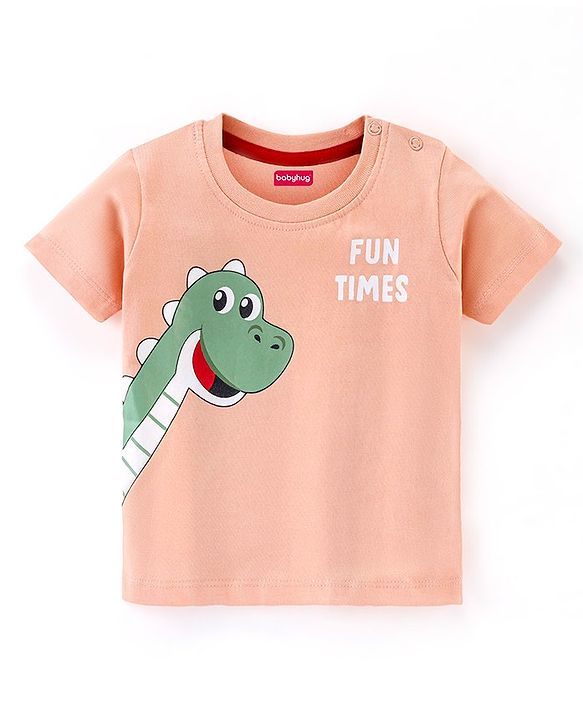 Babyhug Cotton Half Sleeves T-Shirt with Dino Print - Peach