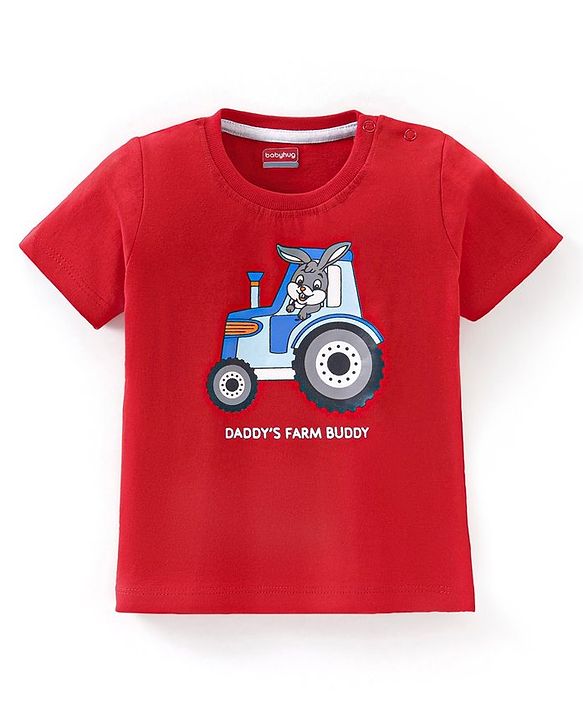 Babyhug Cotton Knit Half Sleeves T-Shirt with Tractor Print - Red