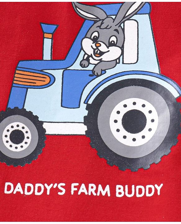 Babyhug Cotton Knit Half Sleeves T-Shirt with Tractor Print - Red