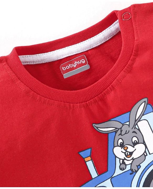 Babyhug Cotton Knit Half Sleeves T-Shirt with Tractor Print - Red