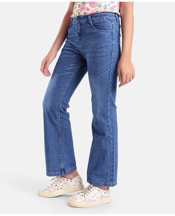Pine Kids Full Length Cotton Elastane Washed Wide Leg Denim Jeans - Blue