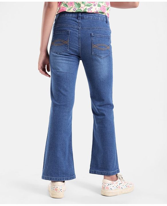 Pine Kids Full Length Cotton Elastane Washed Wide Leg Denim Jeans - Blue