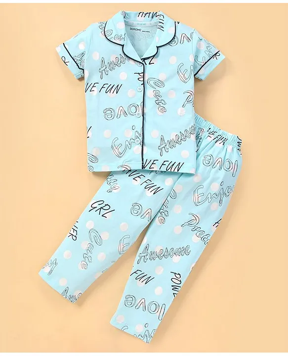 Buy Doreme Half Sleeves Night Suit Text Print Blue for Girls 3