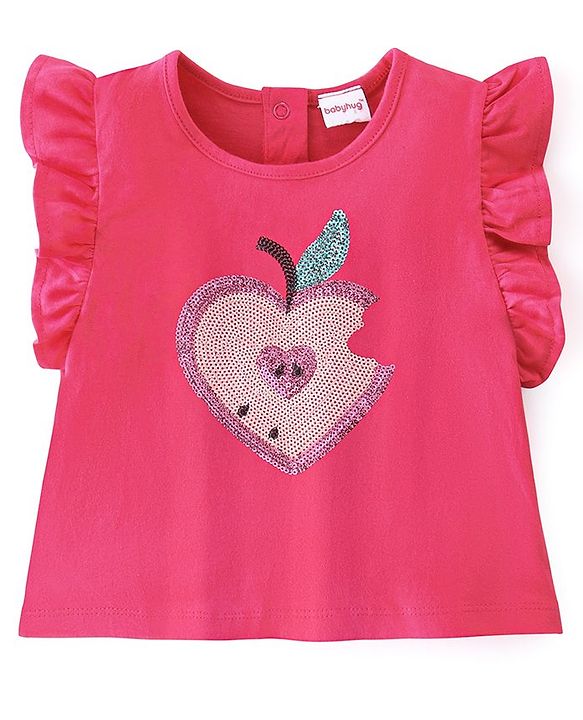 Babyhug 100% Cotton Knit Half Sleeves Top with Shorts Sequin Embellished & Apple Print - Dark Pink