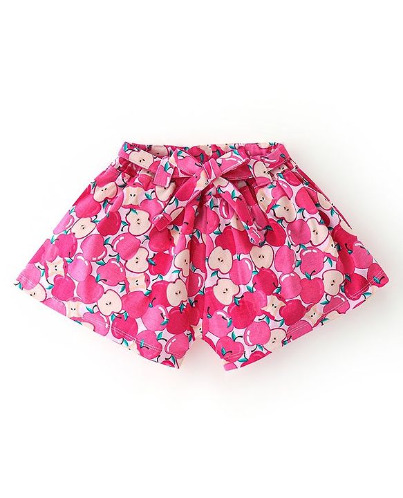 Babyhug 100% Cotton Knit Half Sleeves Top with Shorts Sequin Embellished & Apple Print - Dark Pink