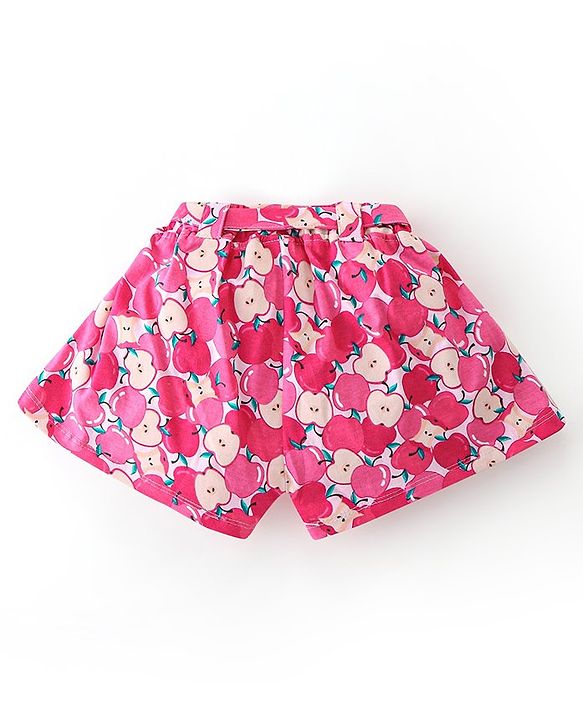 Babyhug 100% Cotton Knit Half Sleeves Top with Shorts Sequin Embellished & Apple Print - Dark Pink