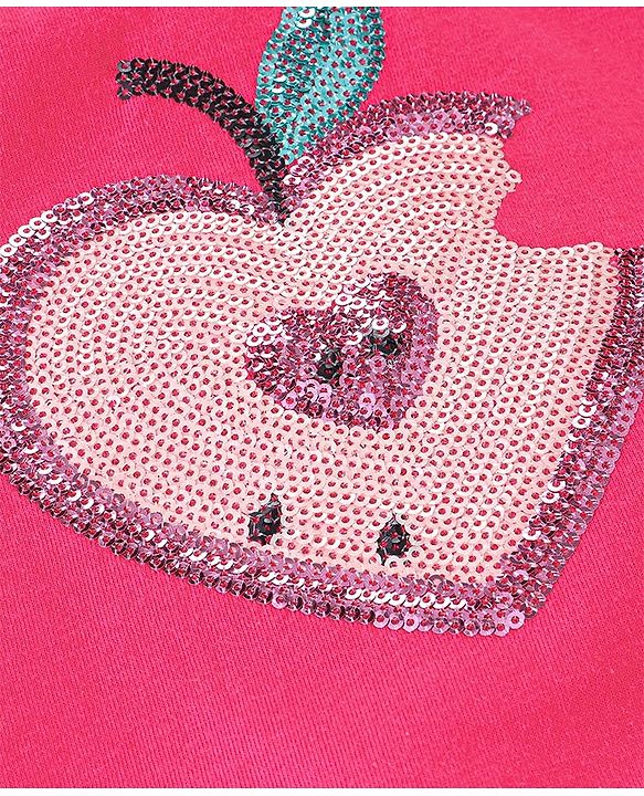 Babyhug 100% Cotton Knit Half Sleeves Top with Shorts Sequin Embellished & Apple Print - Dark Pink