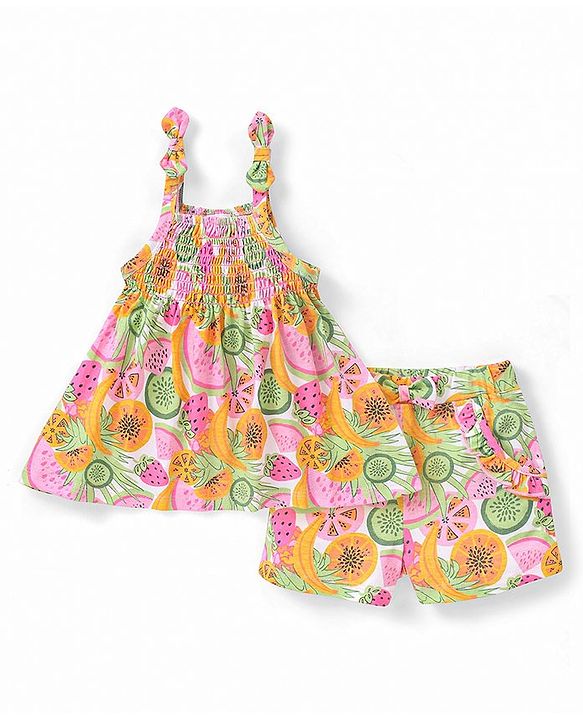 Babyhug 100% Cotton Knit Sleeveless Top and Shorts Fruits Print - Pink & Green