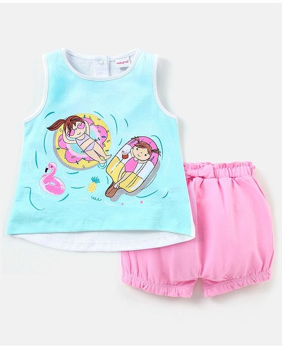 Babyhug 100% Cotton Sleeveless Top & Shorts Set Float Print - White Blue & Pink