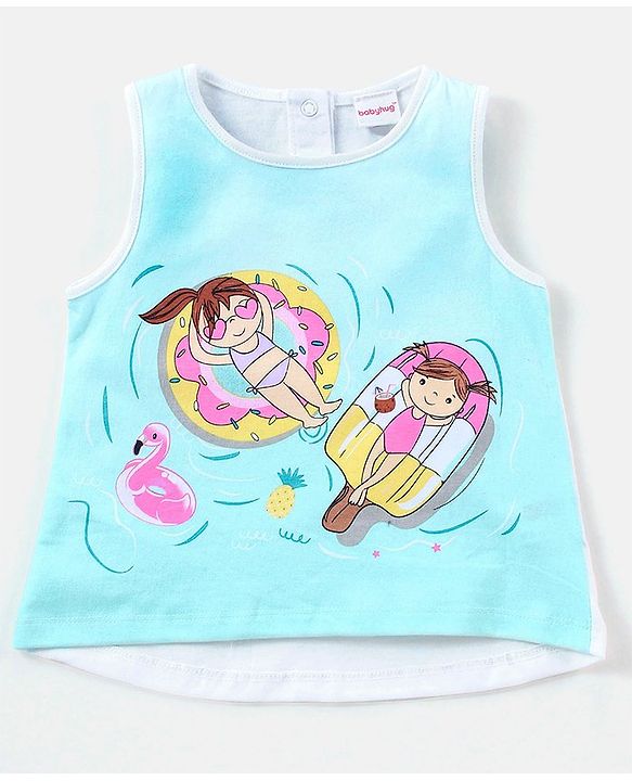 Babyhug 100% Cotton Sleeveless Top & Shorts Set Float Print - White Blue & Pink