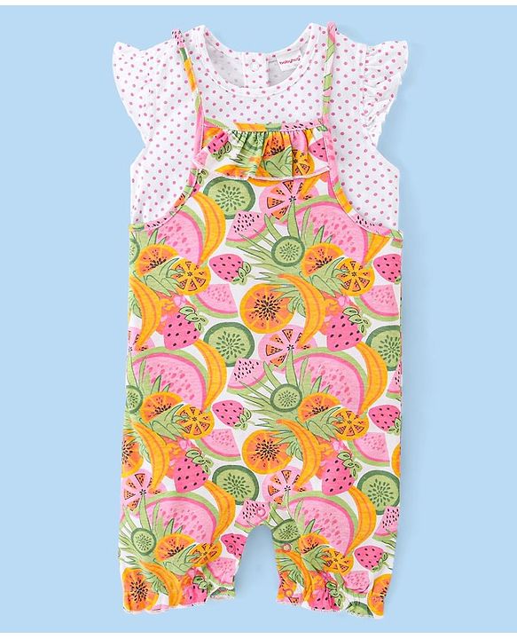 Babyhug 100% Cotton Knit Half sleeves Dungarees & Sets Girl With Back Snap Buttons Strawberry Print - White & Pink
