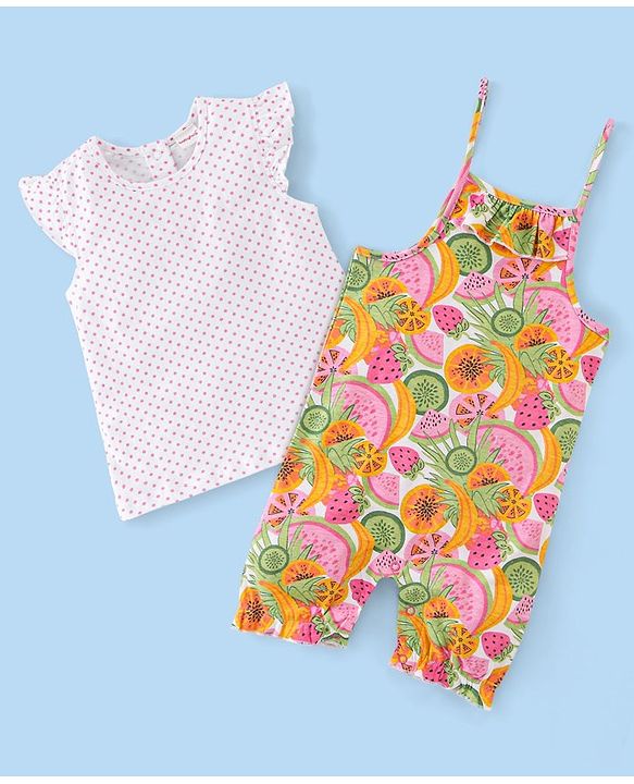 Babyhug 100% Cotton Knit Half sleeves Dungarees & Sets Girl With Back Snap Buttons Strawberry Print - White & Pink
