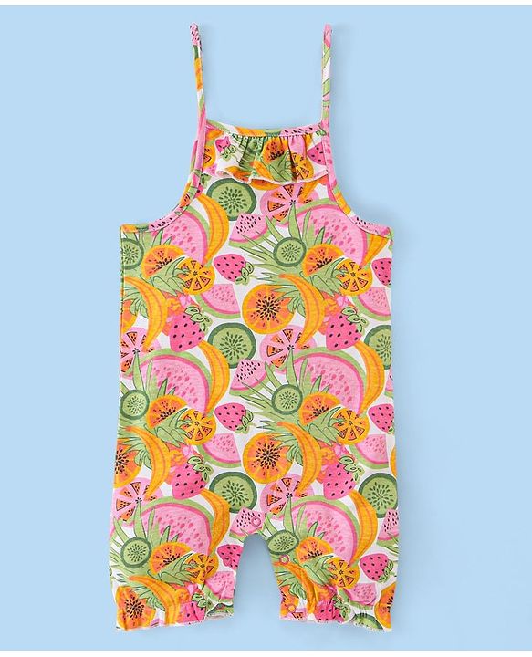 Babyhug 100% Cotton Knit Half sleeves Dungarees & Sets Girl With Back Snap Buttons Strawberry Print - White & Pink
