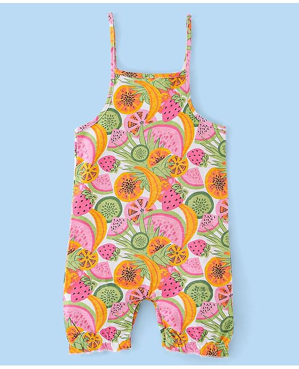 Babyhug 100% Cotton Knit Half sleeves Dungarees & Sets Girl With Back Snap Buttons Strawberry Print - White & Pink