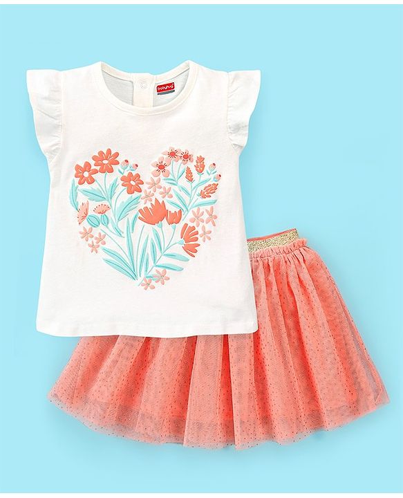 Babyhug 100% Cotton Half Sleeves Top & Skirt Set Floral Print- Peach