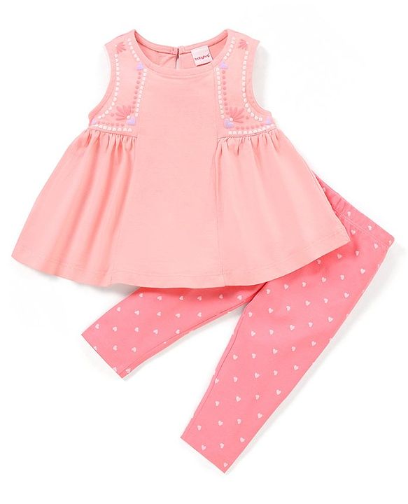 Babyhug 100% Cotton Sleeveless Top & Leggings Set Floral & Heart Print - Pink