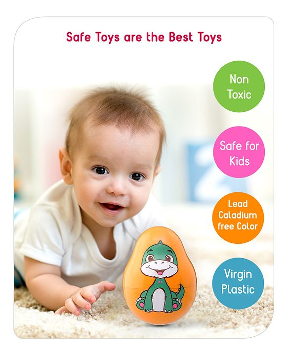 Babyhug Dino Push and Shake Yellow Roly Poly Toy| Wobbling Bell Sounds For 0 Months+| Child Safe Material| Gifting Toy| BIS Certified
