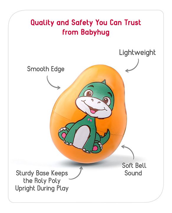 Babyhug Dino Push and Shake Yellow Roly Poly Toy| Wobbling Bell Sounds For 0 Months+| Child Safe Material| Gifting Toy| BIS Certified