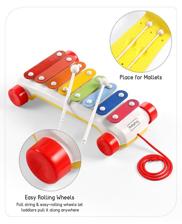 Babyhug Premium Pull Along Xylophone with 8 Notes & 2 Mallet- Yellow| First Musical Xylophone with Wheels for Baby & Toddlers| Preschool Musical Instruments & Activity Toys for 0-4 Years Kids| BIS Certified