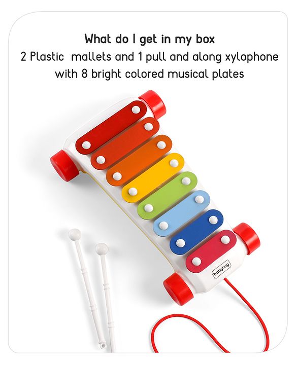 Babyhug Premium Pull Along Xylophone with 8 Notes & 2 Mallet- Yellow| First Musical Xylophone with Wheels for Baby & Toddlers| Preschool Musical Instruments & Activity Toys for 0-4 Years Kids| BIS Certified