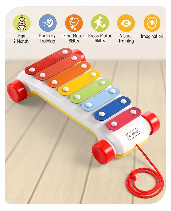 Babyhug Premium Pull Along Xylophone with 8 Notes & 2 Mallet- Yellow| First Musical Xylophone with Wheels for Baby & Toddlers| Preschool Musical Instruments & Activity Toys for 0-4 Years Kids| BIS Certified