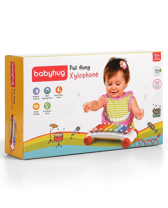 Babyhug Premium Pull Along Xylophone with 8 Notes & 2 Mallet- Yellow| First Musical Xylophone with Wheels for Baby & Toddlers| Preschool Musical Instruments & Activity Toys for 0-4 Years Kids| BIS Certified
