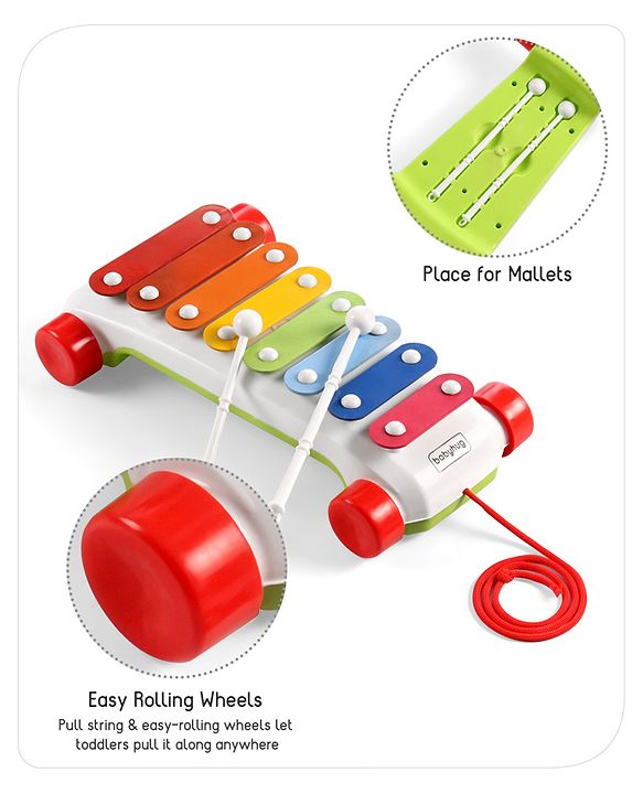 Babyhug Premium Pull Along Xylophone with 8 Notes & 2 Mallet- Yellow| First Musical Xylophone with Wheels for Baby & Toddlers| Preschool Musical Instruments & Activity Toys for 0-4 Years Kids| BIS Certified