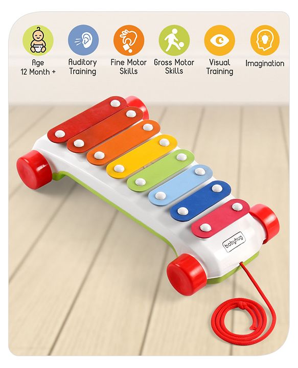 Babyhug Premium Pull Along Xylophone with 8 Notes & 2 Mallet- Yellow| First Musical Xylophone with Wheels for Baby & Toddlers| Preschool Musical Instruments & Activity Toys for 0-4 Years Kids| BIS Certified