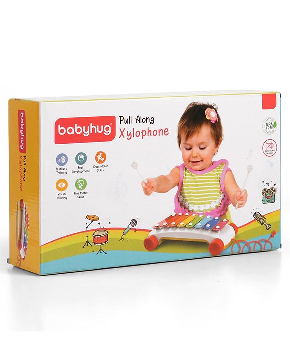Babyhug Premium Pull Along Xylophone with 8 Notes & 2 Mallet- Yellow| First Musical Xylophone with Wheels for Baby & Toddlers| Preschool Musical Instruments & Activity Toys for 0-4 Years Kids| BIS Certified