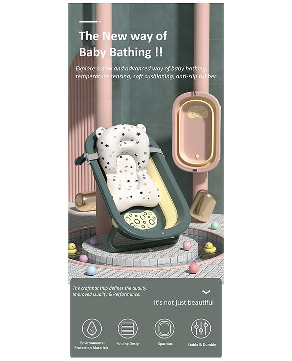 Babyhug Foldable Bathtub with Cushion and Inbuilt Thermometer - Green