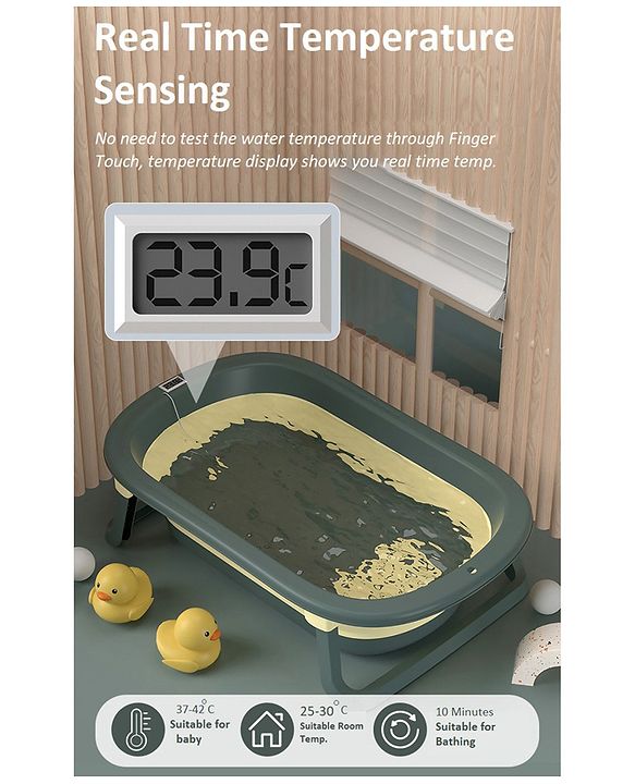 Babyhug Foldable Bathtub with Cushion and Inbuilt Thermometer - Green