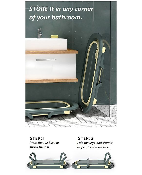 Babyhug Foldable Bathtub with Cushion and Inbuilt Thermometer - Green