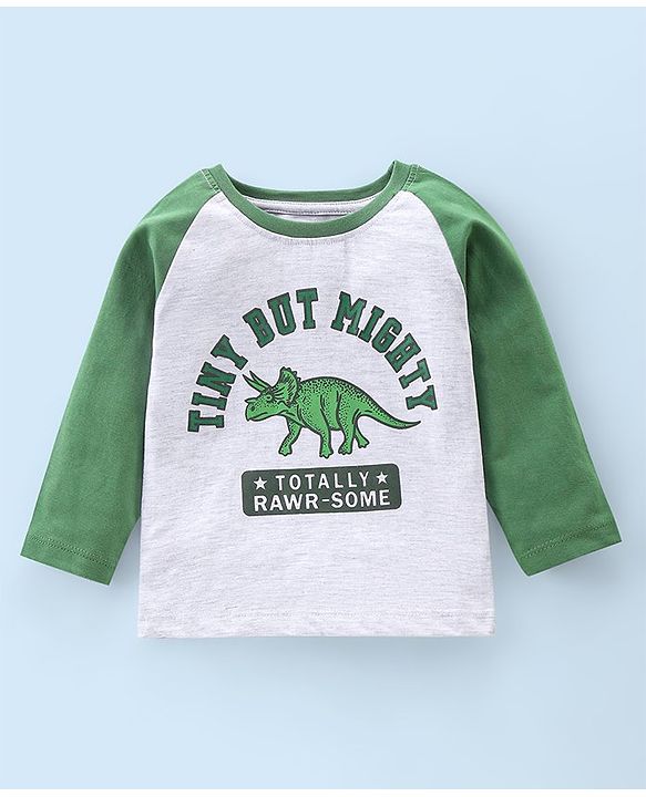 Babyhug Cotton Knit Raglan Sleeves Night Suit Dino Print - Green & Ecru