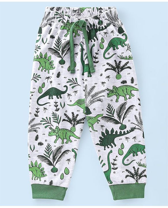 Babyhug Cotton Knit Raglan Sleeves Night Suit Dino Print - Green & Ecru