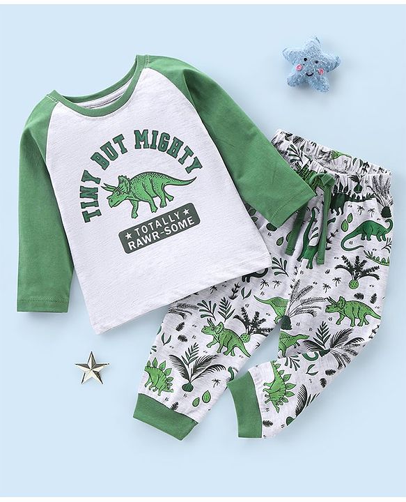 Babyhug Cotton Knit Raglan Sleeves Night Suit Dino Print - Green & Ecru