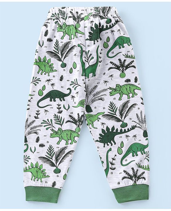 Babyhug Cotton Knit Raglan Sleeves Night Suit Dino Print - Green & Ecru