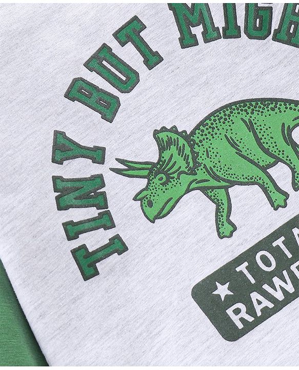 Babyhug Cotton Knit Raglan Sleeves Night Suit Dino Print - Green & Ecru