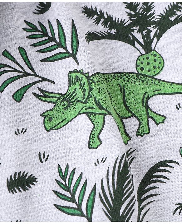 Babyhug Cotton Knit Raglan Sleeves Night Suit Dino Print - Green & Ecru
