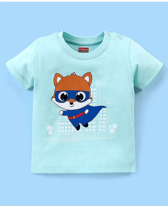 Babyhug Cotton Knit Half Sleeves Night Suit  Fox Print With Stripes -  Blue