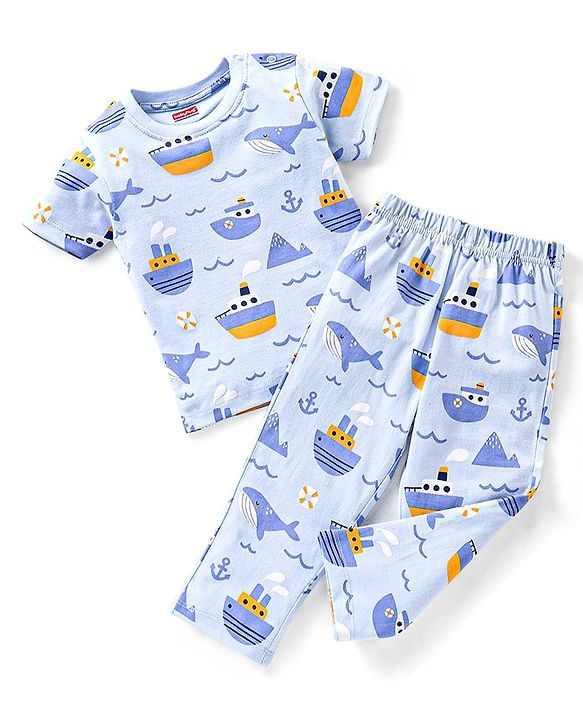 Babyhug Cotton Knit Half Sleeves Ship & Whale Print Night Suit - Blue